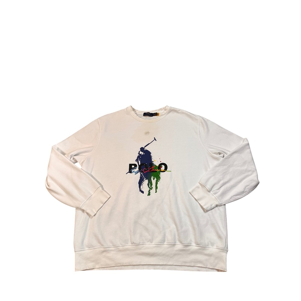 Polo Ralph Lauren Mens XXL White Paint Splatter Big Pony Crewneck Sweatshirt